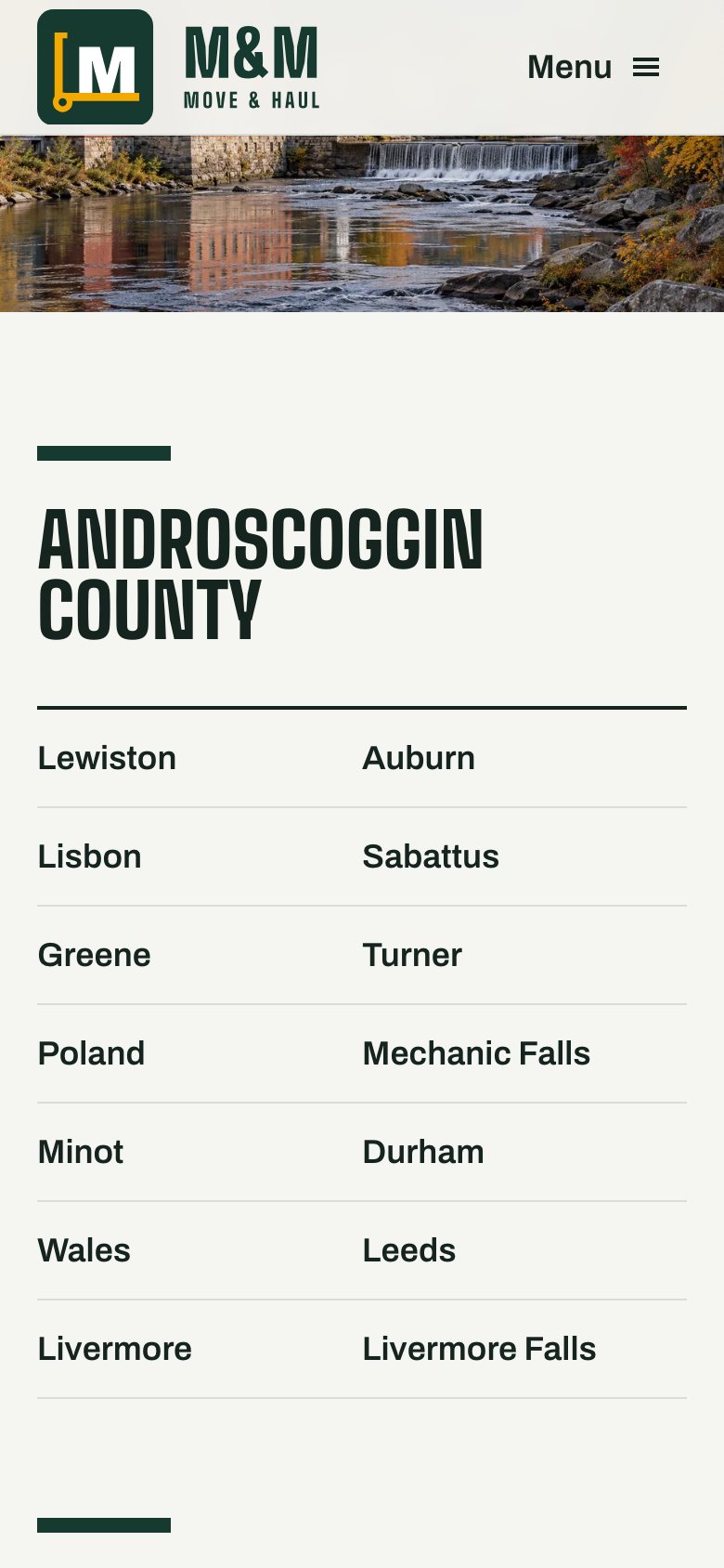 M&M Move & Haul website on a phone: Androscoggin County town list