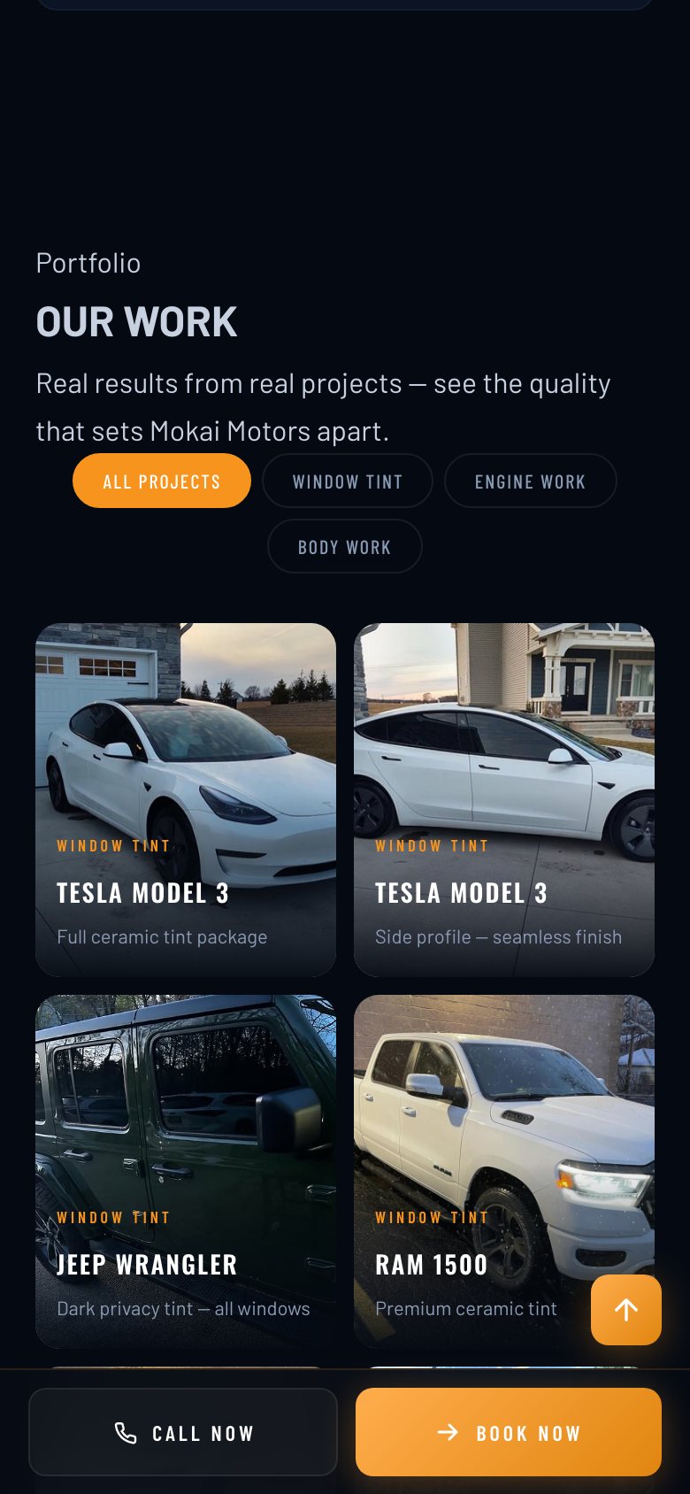 Mokai Motors website on a phone: Our work