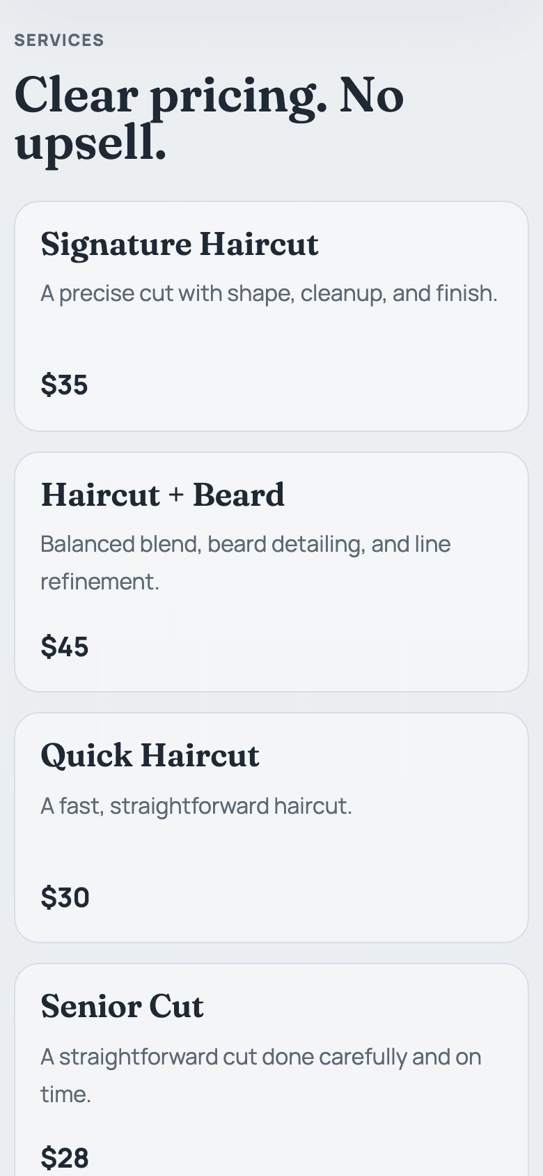 RouStyles website on a phone: Pricing