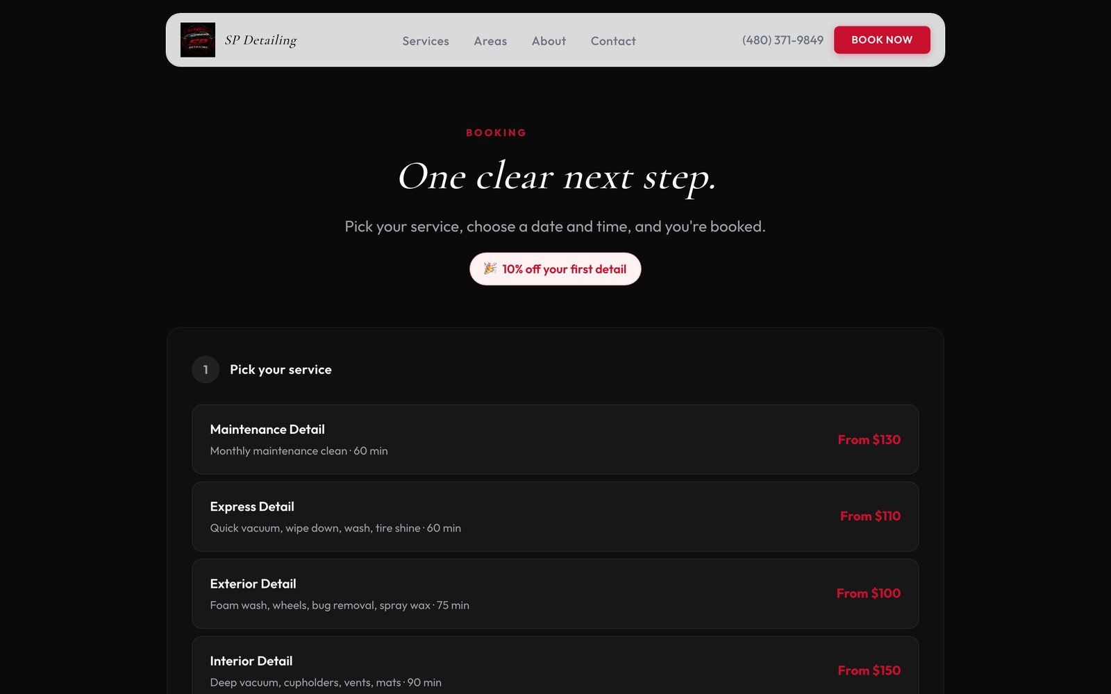 SP Mobile Detailing website on desktop: Booking