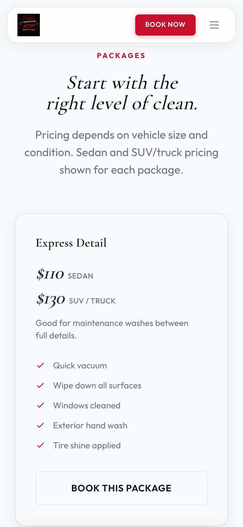 SP Mobile Detailing website on a phone: Packages
