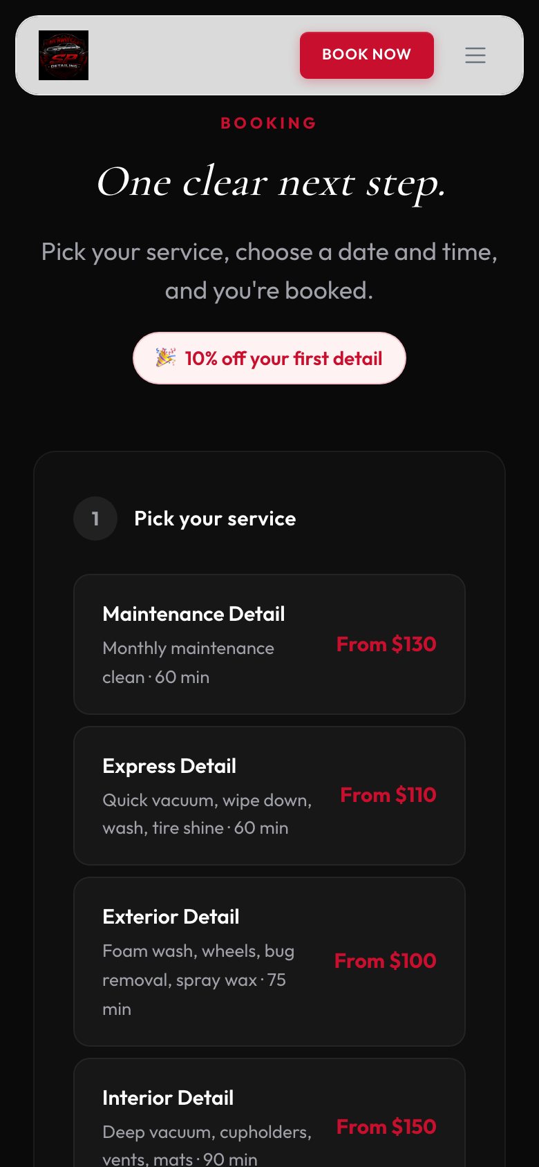 SP Mobile Detailing website on a phone: Booking